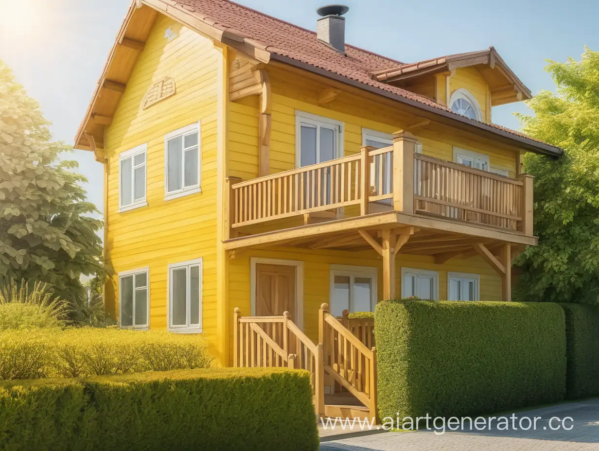 угол деревянный желтый дом рядом кусты и дерево ясная погода блики от солнца