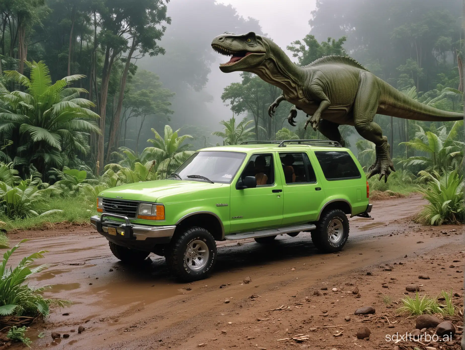 jurassic park 1993, ford explorer, neon green car, no dinosaur