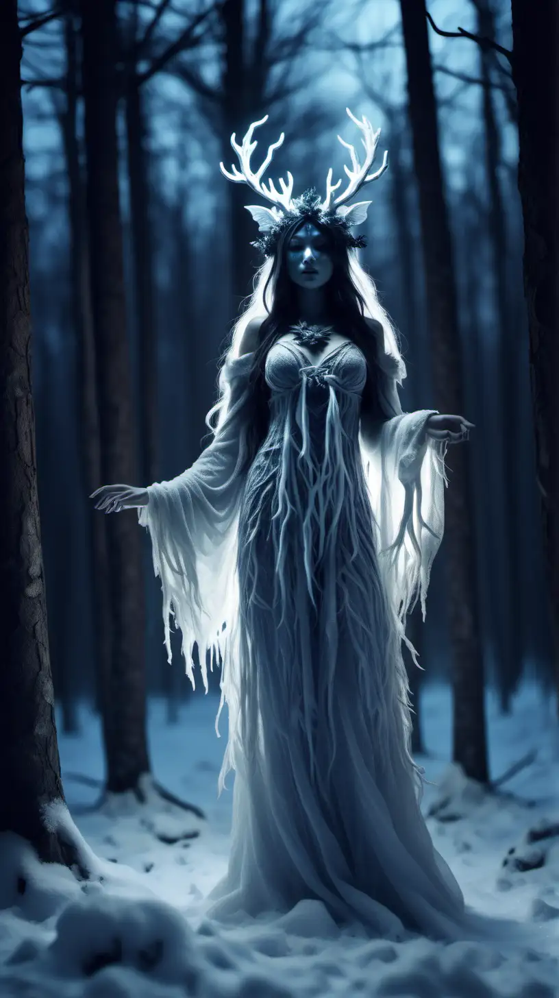 Enchanting Night Snow Forest with a Female Forest Spirit Bathed in Ambient Light