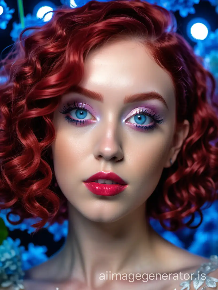 Beautiful girl, shiny makeup, eyeliner, curly bob haircut, a hydrangea flower in her red hair, a silver lace dress, piercing, earrings, expressive blue eyes, juicy plump lips, realistic, beautiful decoration in her hair, professional photo, 4k, bright lighting, neon lighting, high resolution, aesthetic, beautiful, 30mm lens, f/2.8, ISO 100, 1/250s, high detail, close-up