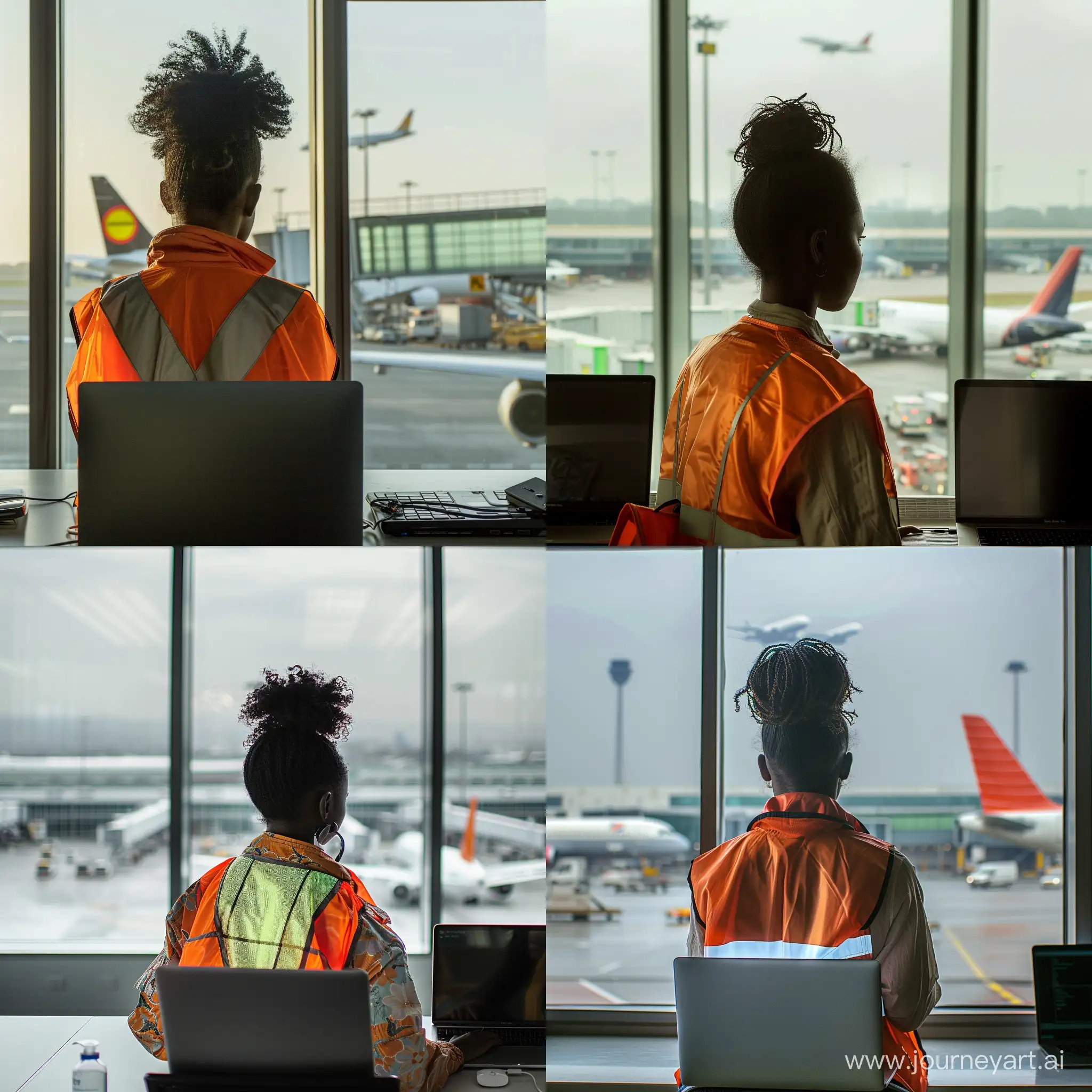 African  girl  working in an office, with a reflector jacket onbher laptop late 20s,lines hairstyles facing back to large open windows at an airport with planes taking off