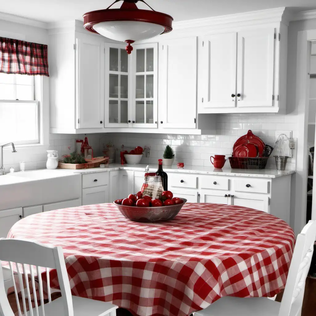 I want a picture of a table with a large white round paint with a red plaid table cloth. White kitchen cabinets in the background