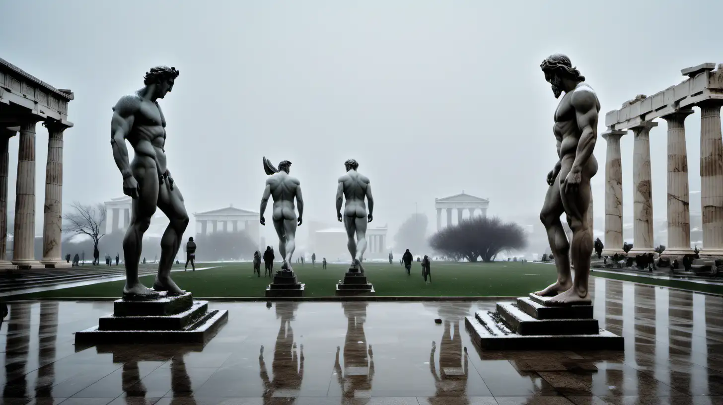 a grassed park in ancient greece, heavy rain isfalling and melting the  snow on the ground, winter weather, empty space in foreground, in the background gigantic statues of naked greek gods so enormous that  we can only see their massive muscular legs and masculine feet