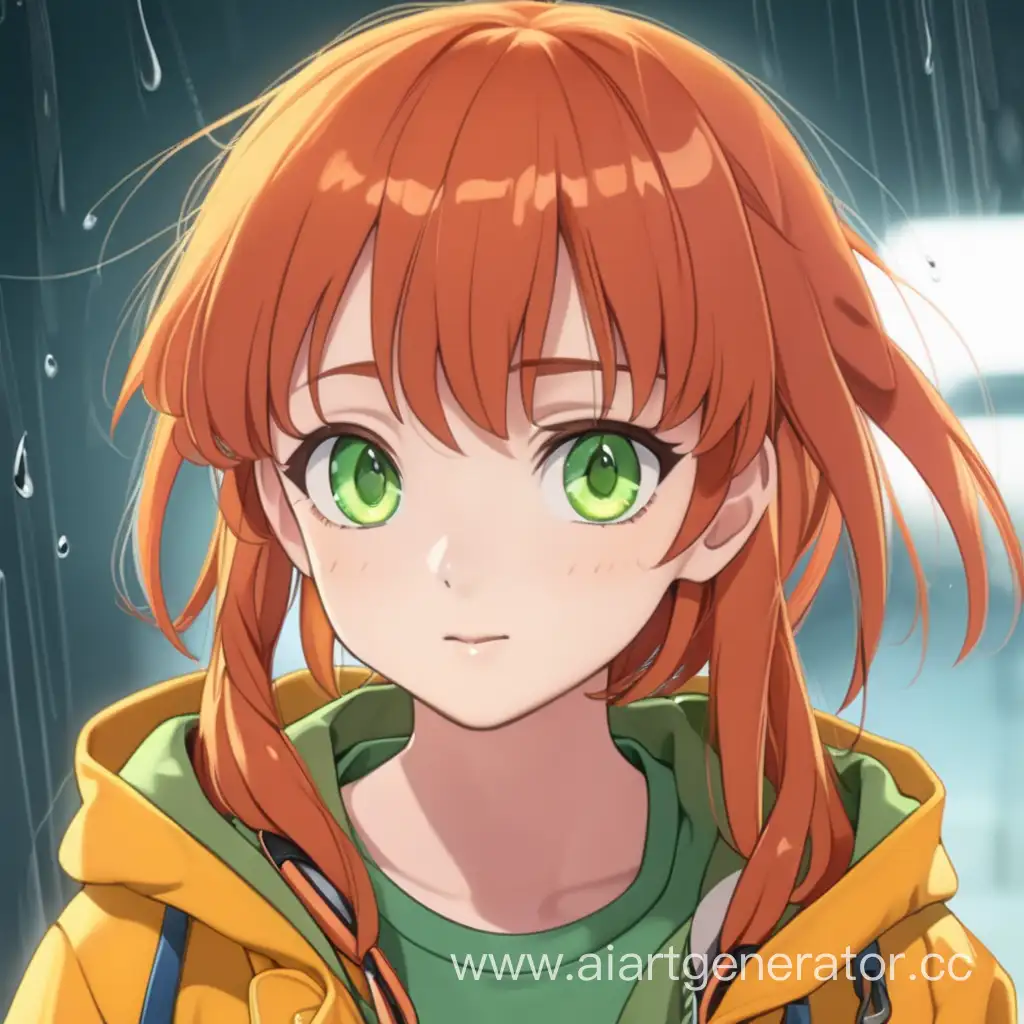 Anime-Style-RedHaired-Girl-in-Yellow-Raincoat-and-Orange-TShirt