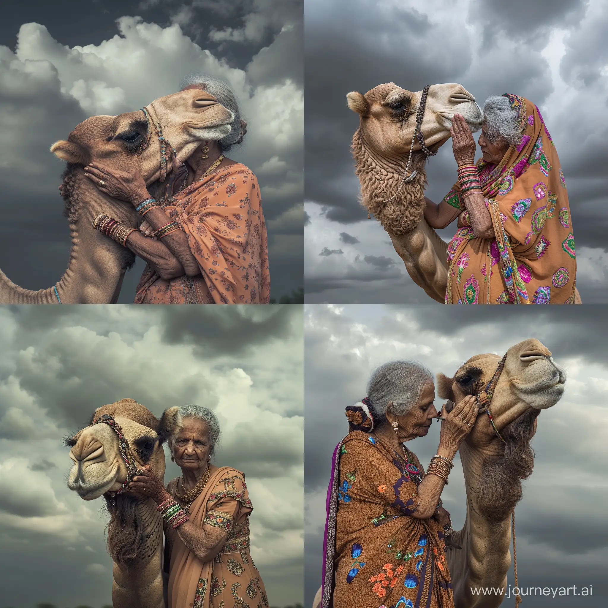   80 years old  thin  gujarat tribel rabari women is holding a face of camel  full body back ground cloudy sky  low angle 35mm fotorealistisch