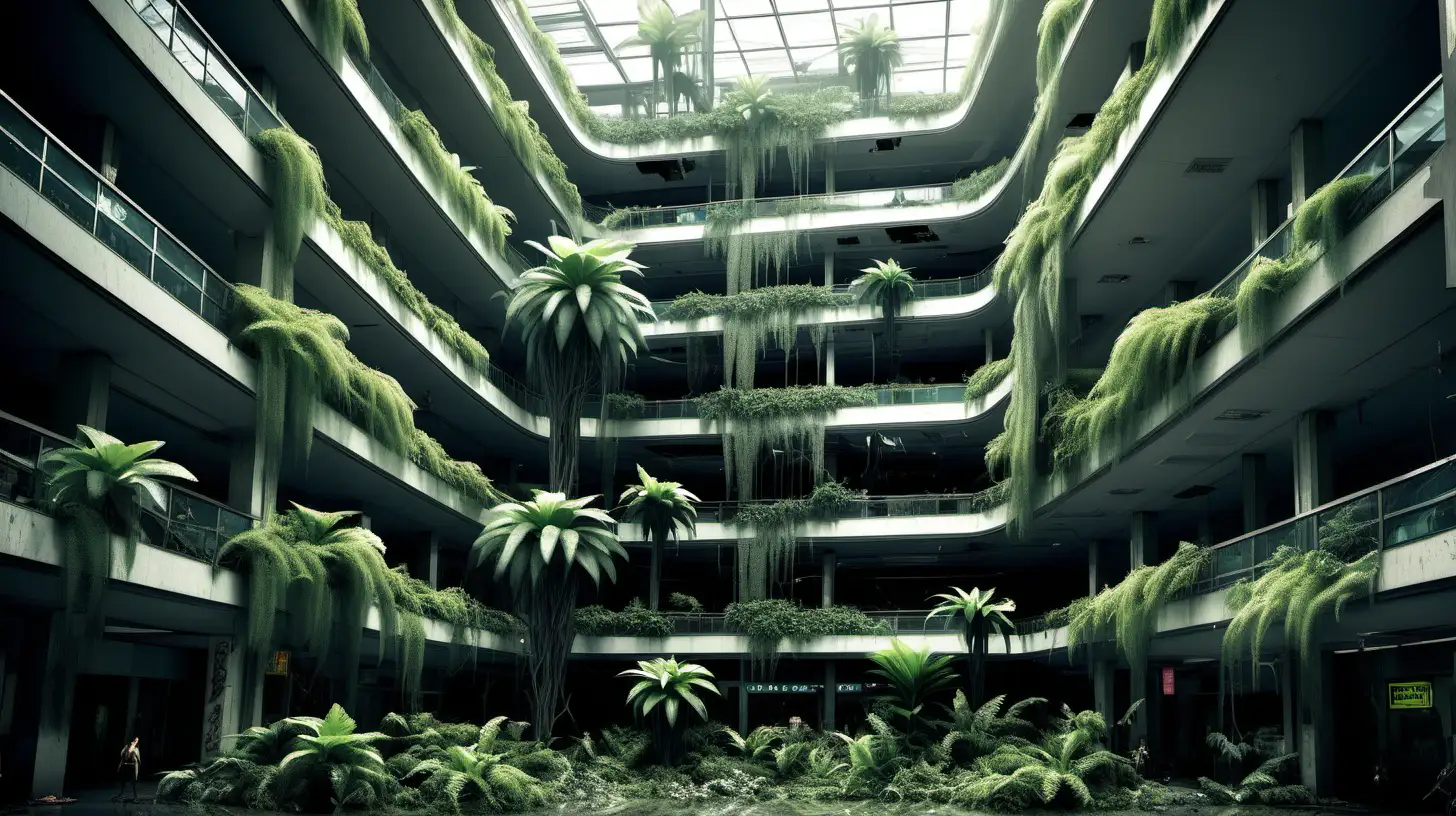 five floors great mall, plant overgrowth, post-apocalyptic sci-fi