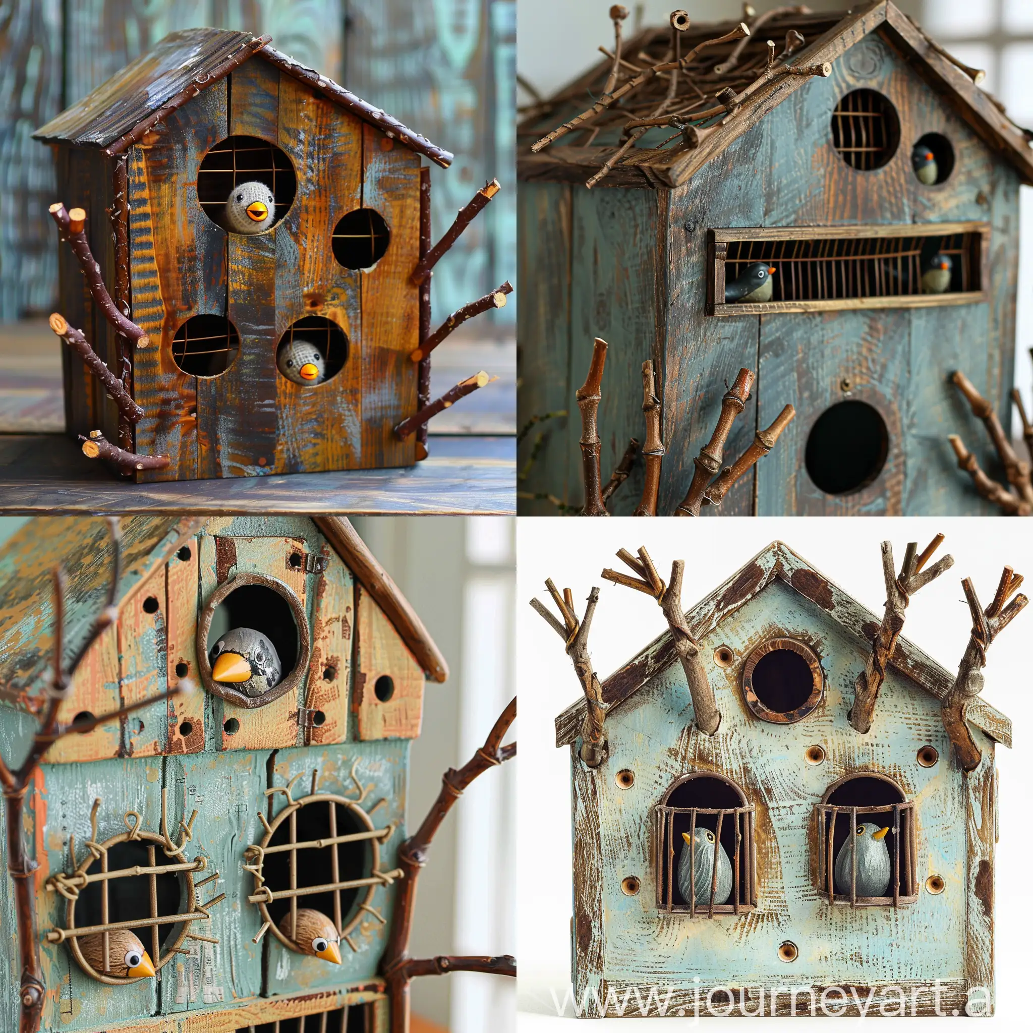 House-shaped birdcage made of wood with vintage twig hands, windows and holes, two birds peeking out of the holes, twig arms outstretched (focus), simple image pattern, hand drawn, Easter colors, abstract, cheerful, whimsical, funny, children's storybook style