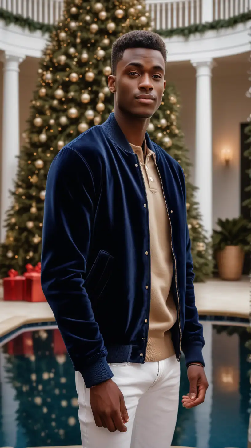 Stylish Black Man in Festive Attire by Luxurious Poolside Christmas Tree