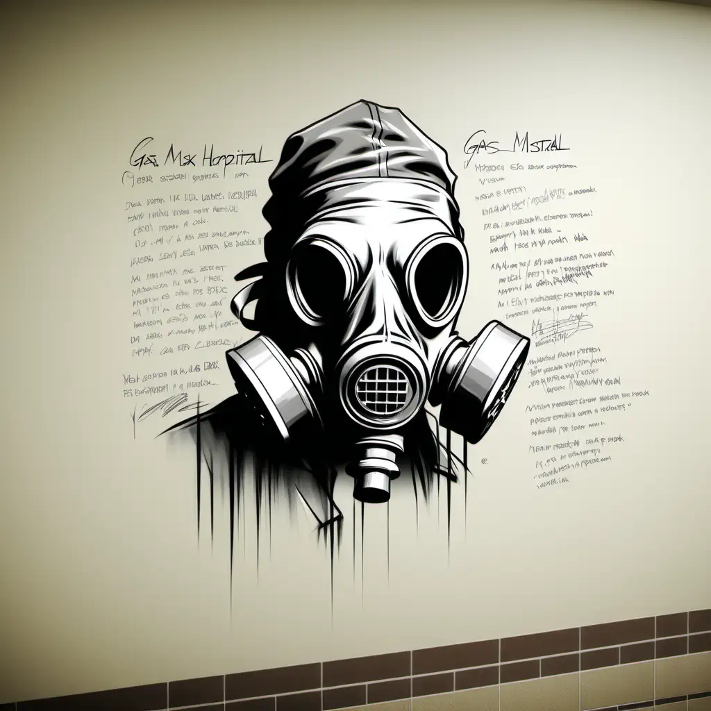 Hospital Sketch with Gas Mask Expressive Artwork Depicting Illness and Resilience