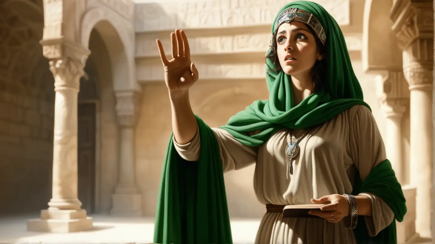 epoque biblique, une très belle femme hébreu avec un foulard vert sur la tête, debout qui jure en levant la main gauche, dans un tribunal antique vide