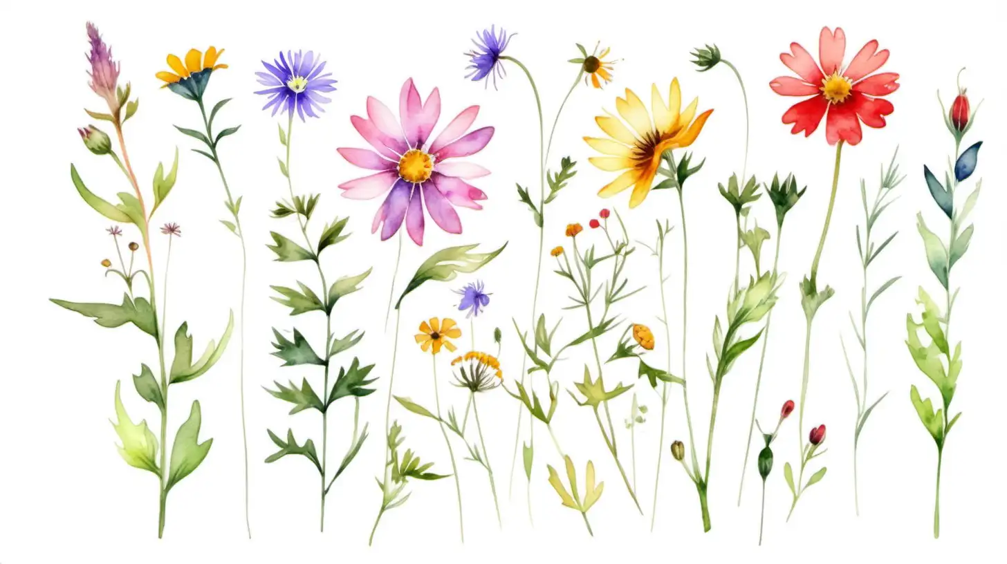 Wildflower Watercolor Painting on White Background