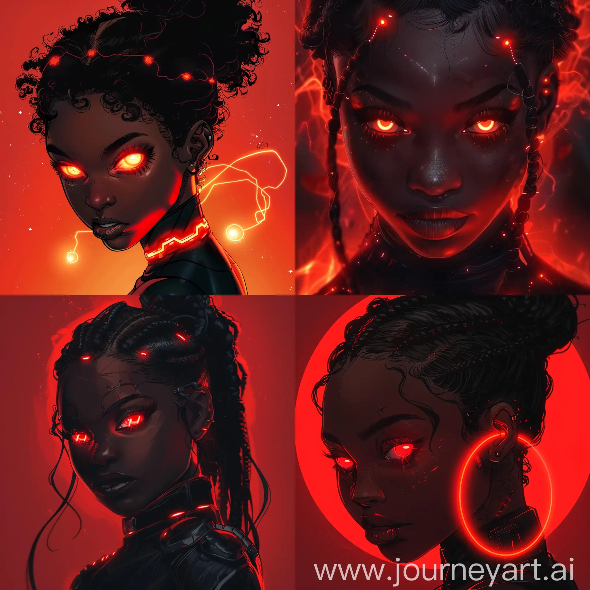 A black girl with glowy red eyes and glowy red backround, Marvel comic art style