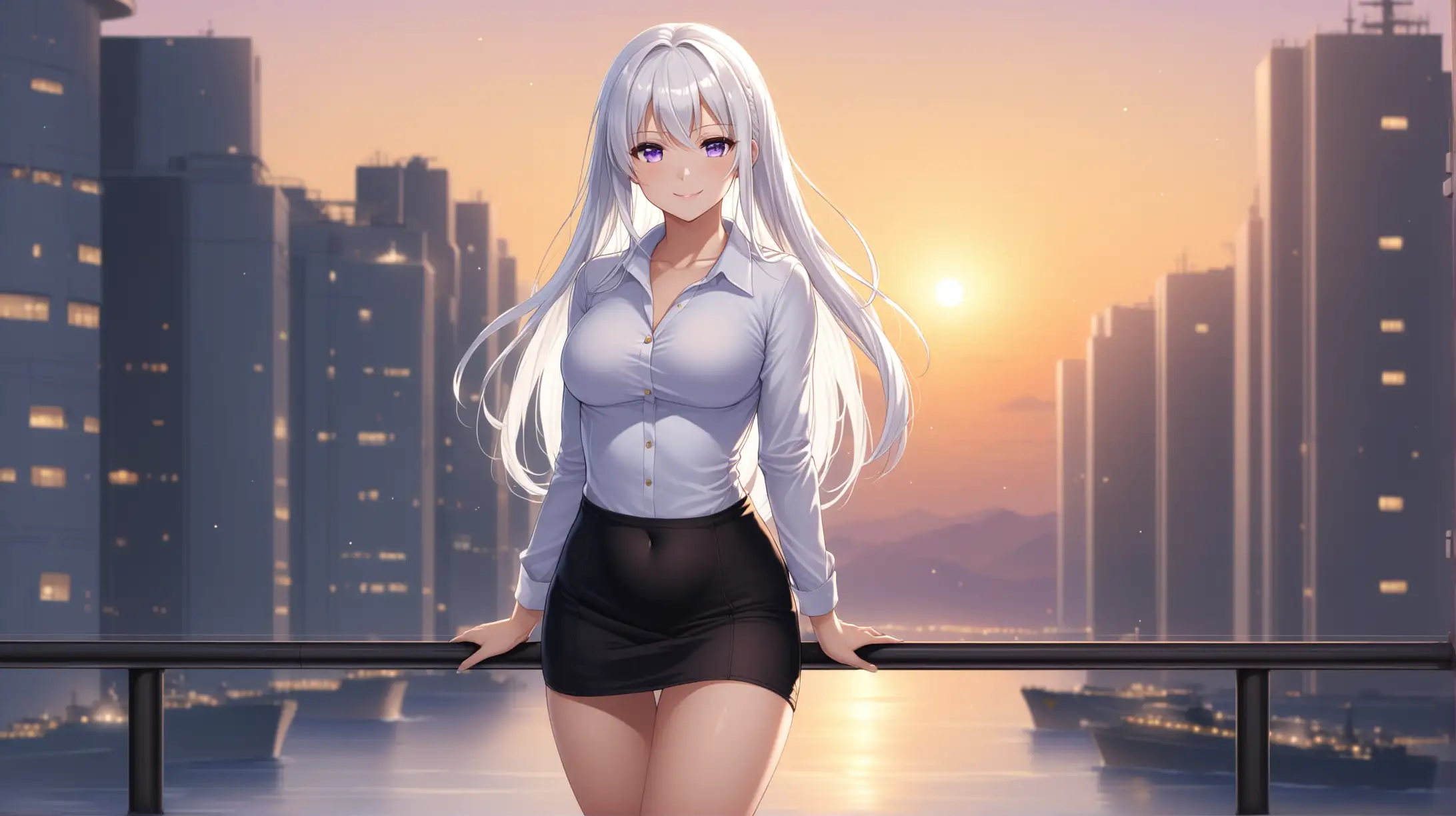 Draw the character Enterprise from Azur Lane, pale violet eyes, white hair, high quality, ambient lighting, long shot, outdoors, seductive pose, minidress, casual clothes, smiling