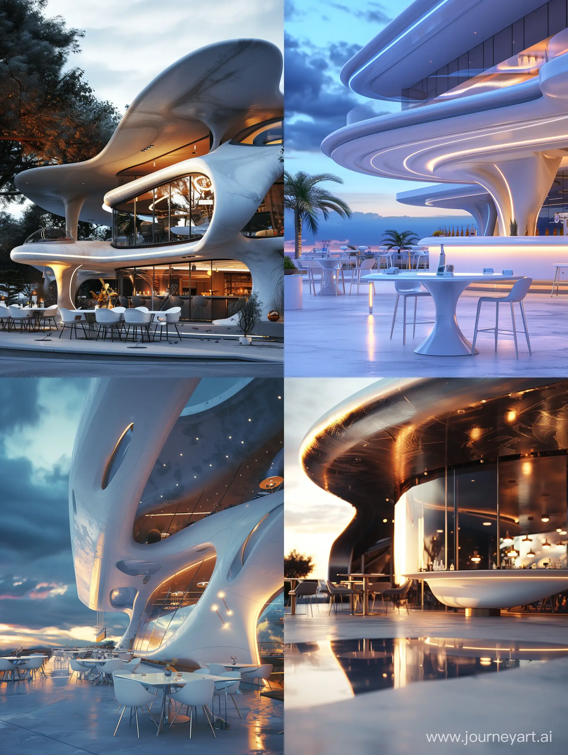 exterior of futuristic restaurant, design, hyperrealistic render, sharp focus, very detailed, soft lighting, photorealistic, High detail RAW color photo, realistic, (highest quality), (best shadow), (best illustration), ultra high resolution, highly detailed CG unified 8K wallpapers, physics-based rendering, realistic, realism, high contrast, hyperrealism, f1.6 lens, rich colors, hyper-realistic lifelike texture