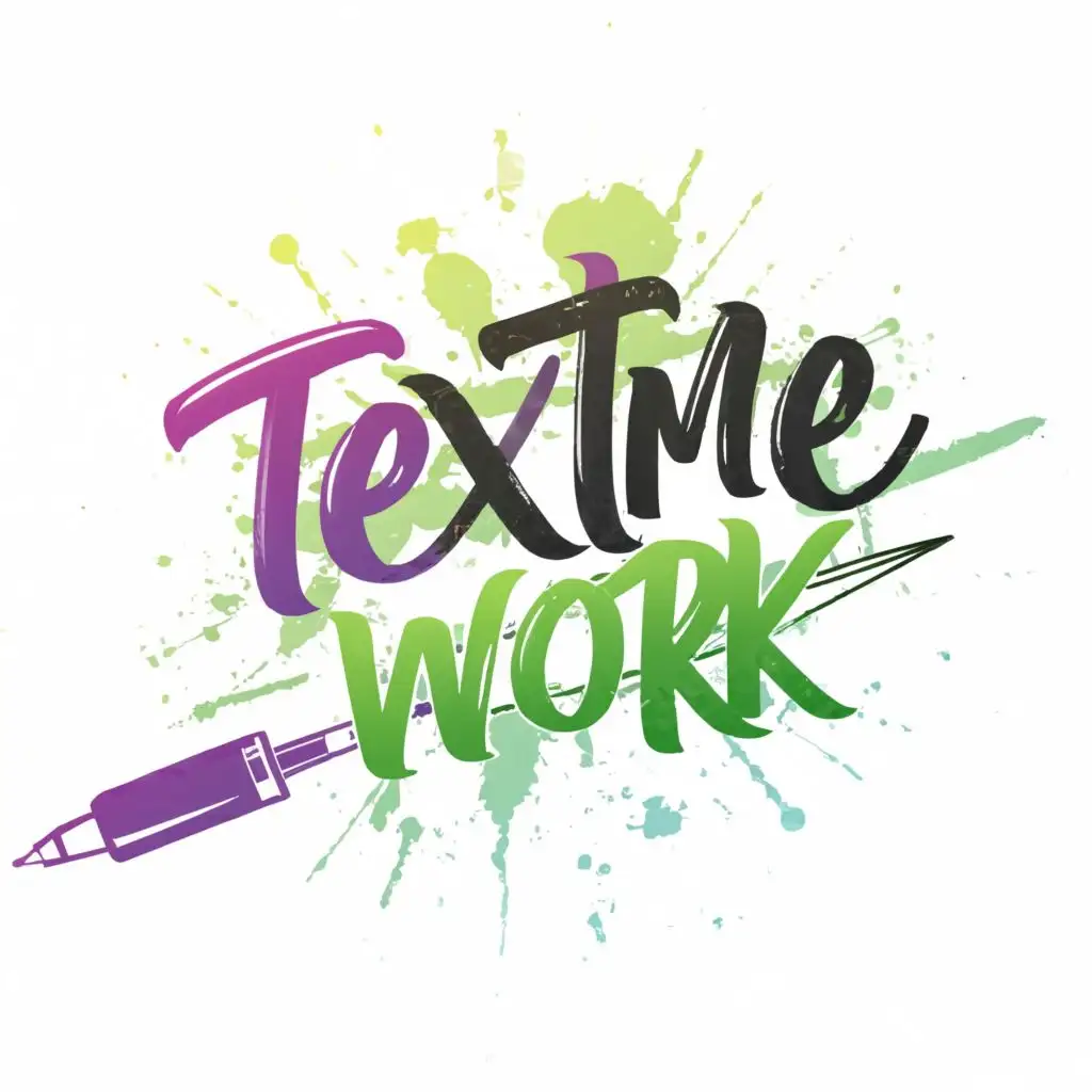 logo, pen writing green purple colorful chaotic brush drawn, with the text "textme.work", typography, be used in Restaurant industry