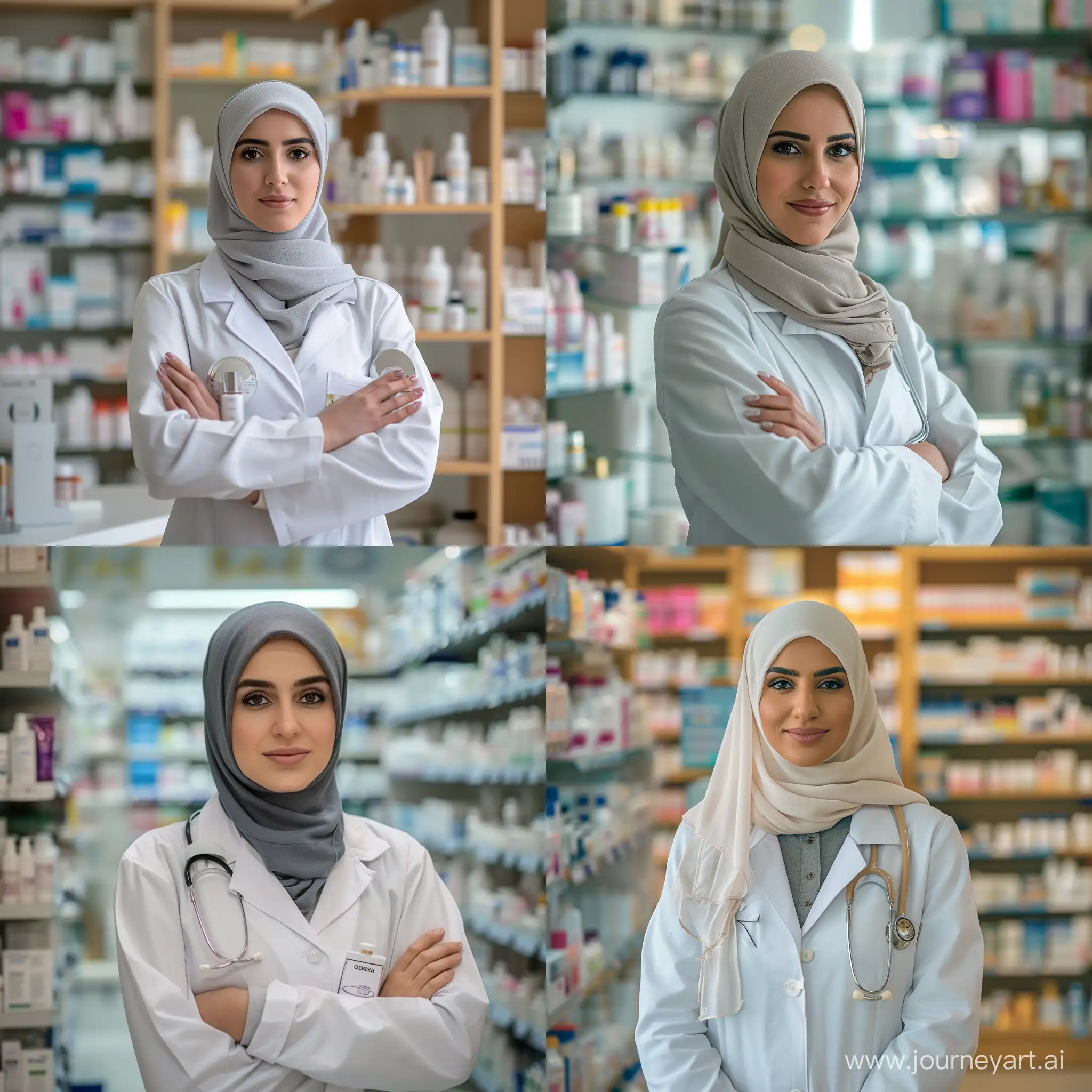 A very beautiful and veiled female doctor in the pharmacy introducing discount cosmetic products from the front view