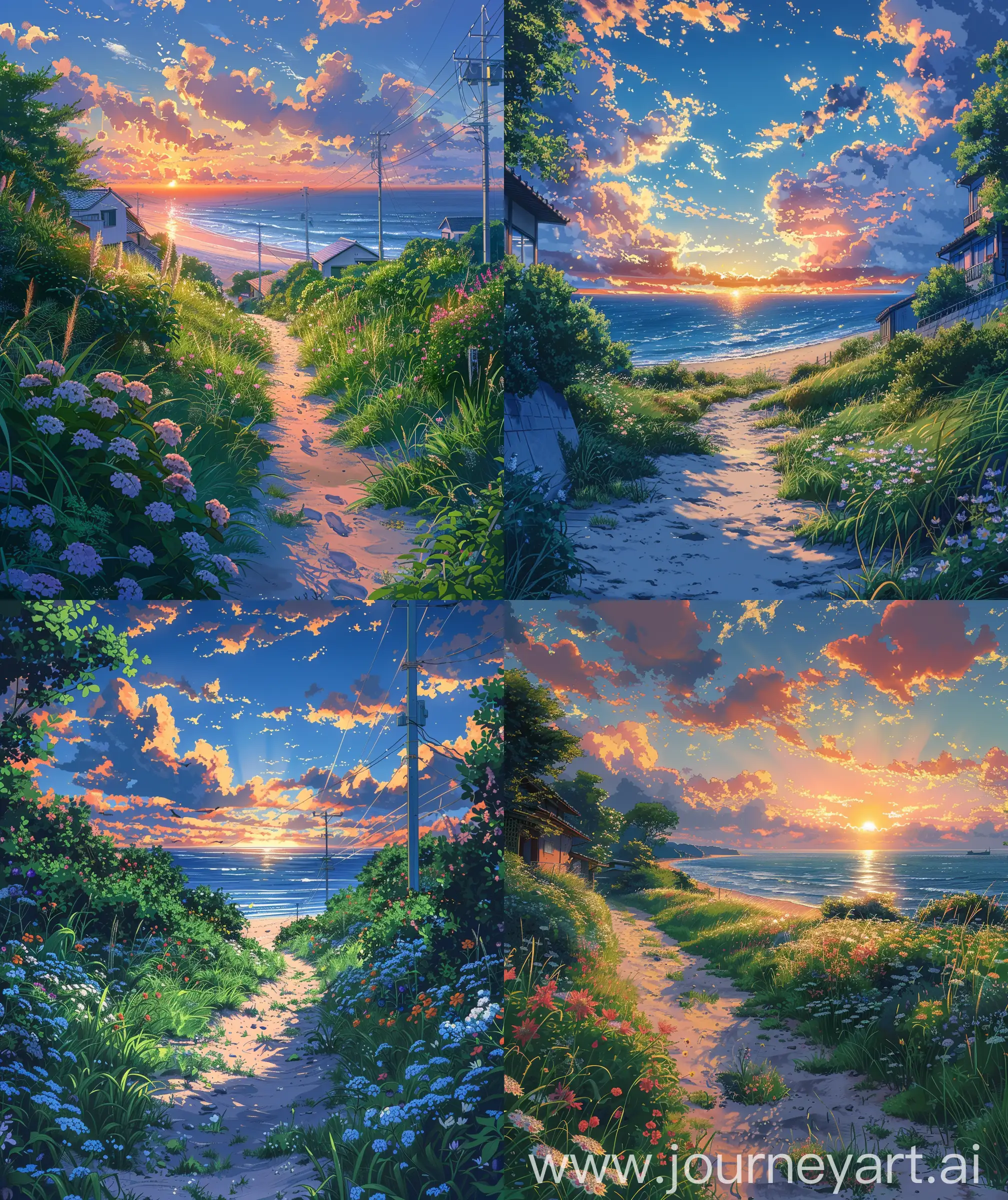 Beautiful anime scenary, mokoto shinkai and Ghibli style mix, direct front facade verious view of seaside, grass and sandy road, grass showing, street, flowers, bushes, sunrise sky", close up, vibrant look, beautiful sky, illustration, anime scenes, ultra HD, high quality, sharp details, no hyperrealistic --ar 27:32 --s 400