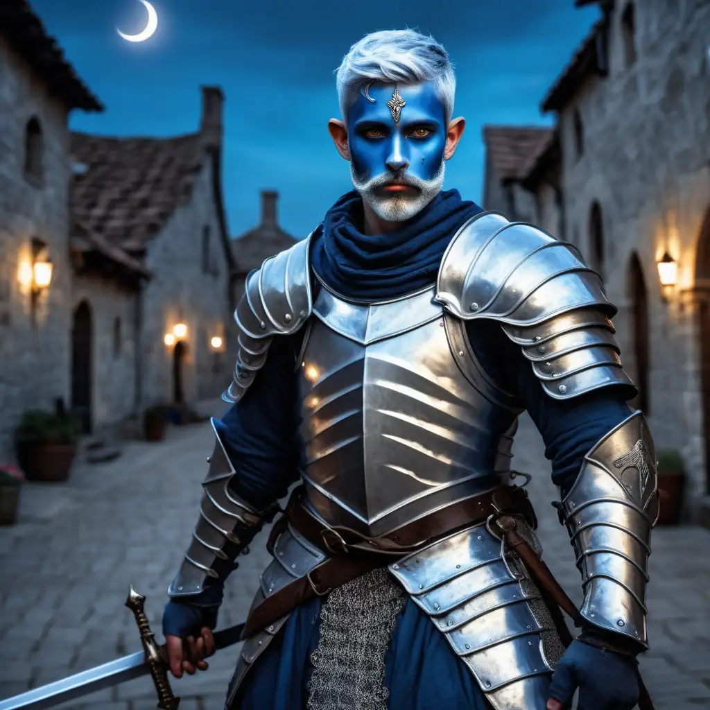 blue skinned young man with blue skin, short silver hair, short silver Van Dyke beard, full cuirass armor with crescent moon symbol, two handed sword flamberge, ethereal silver wings, medieval town, night