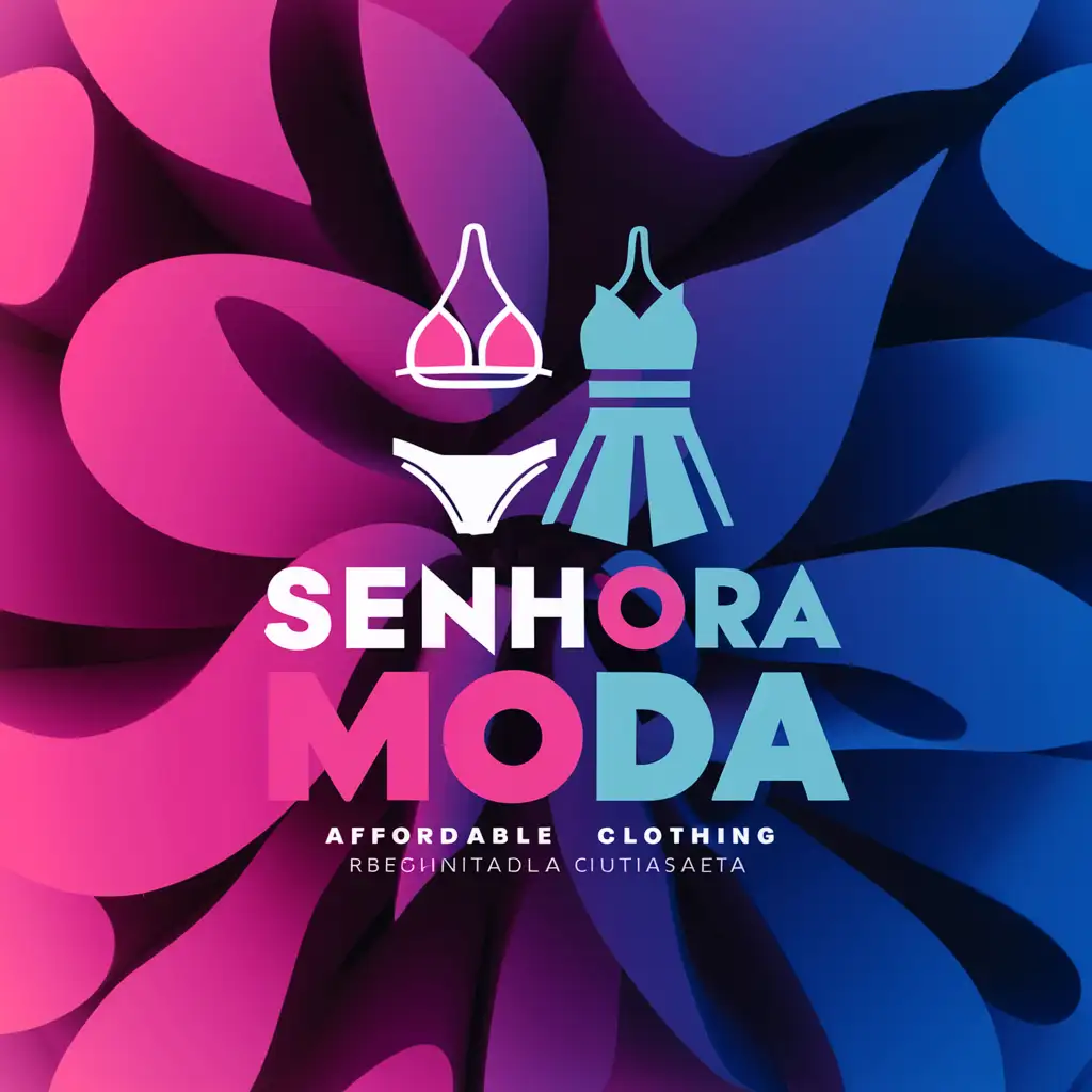 Logo brand of a cheap clothing company called Senhora Moda. The brand logo needs to have a representation of a bikini and a short dress. The background, letters, and representations should be colored to call attention. Perfect and complete letters. The image should not contain in any way: people, words such as 'cheap' or 'budget'