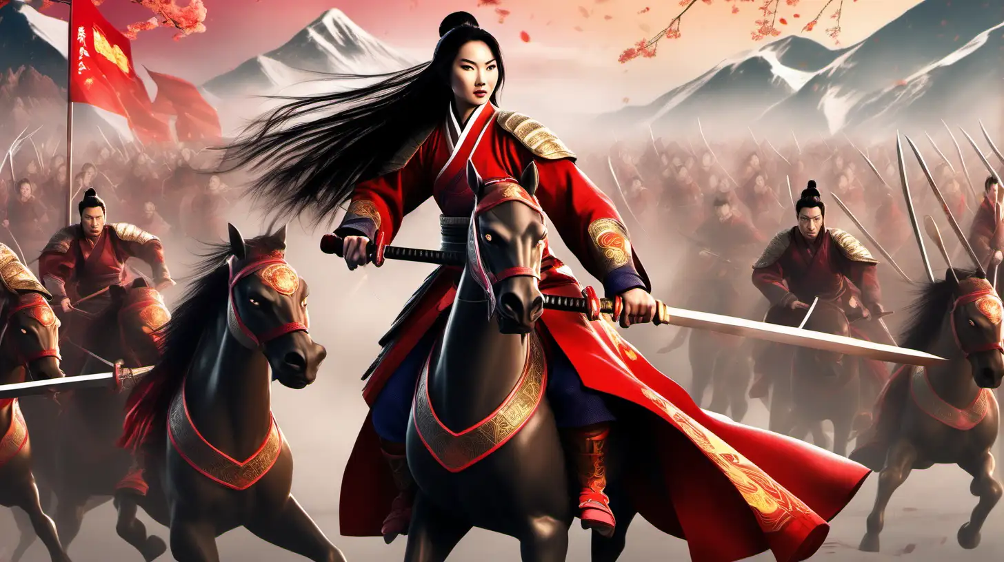 create a beautiful Hua Mulan: battle as a man called Hua Jun. with a vast army defending her nation, she is an expert horseman and he is excellent with sword , show a cinematic battle, ancient china