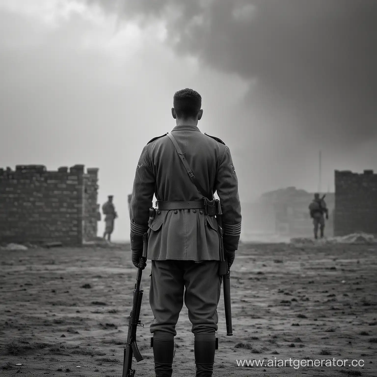 Solitary-Soldier-Standing-Back-in-Black-and-White-Photograph