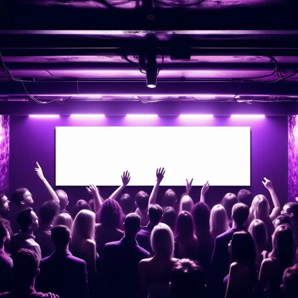 mock-up image featuring plain-white banner at crowded nightclub. plum-purple hues. 