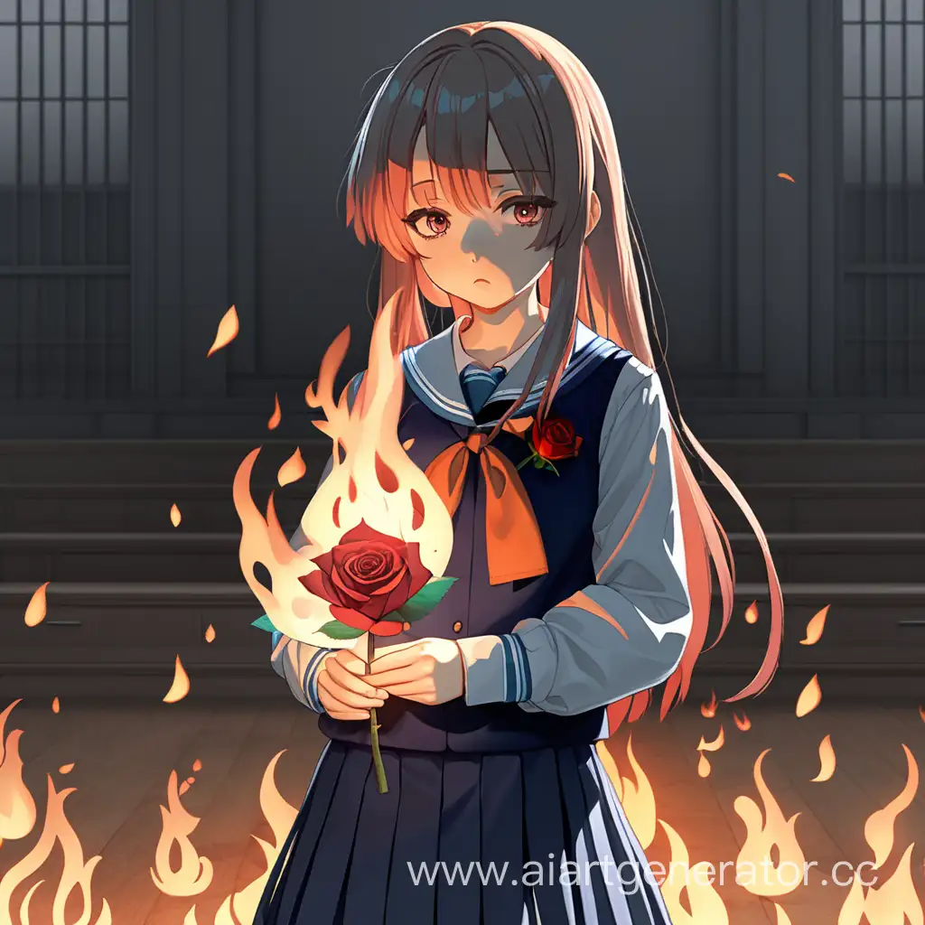 грустная аниме девушка в школьной форме и горящей розой в руках