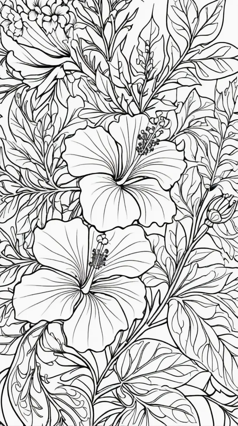 coloring book image, thin black lines, patterned floral mandala pattern, Hibiscus blossoms
