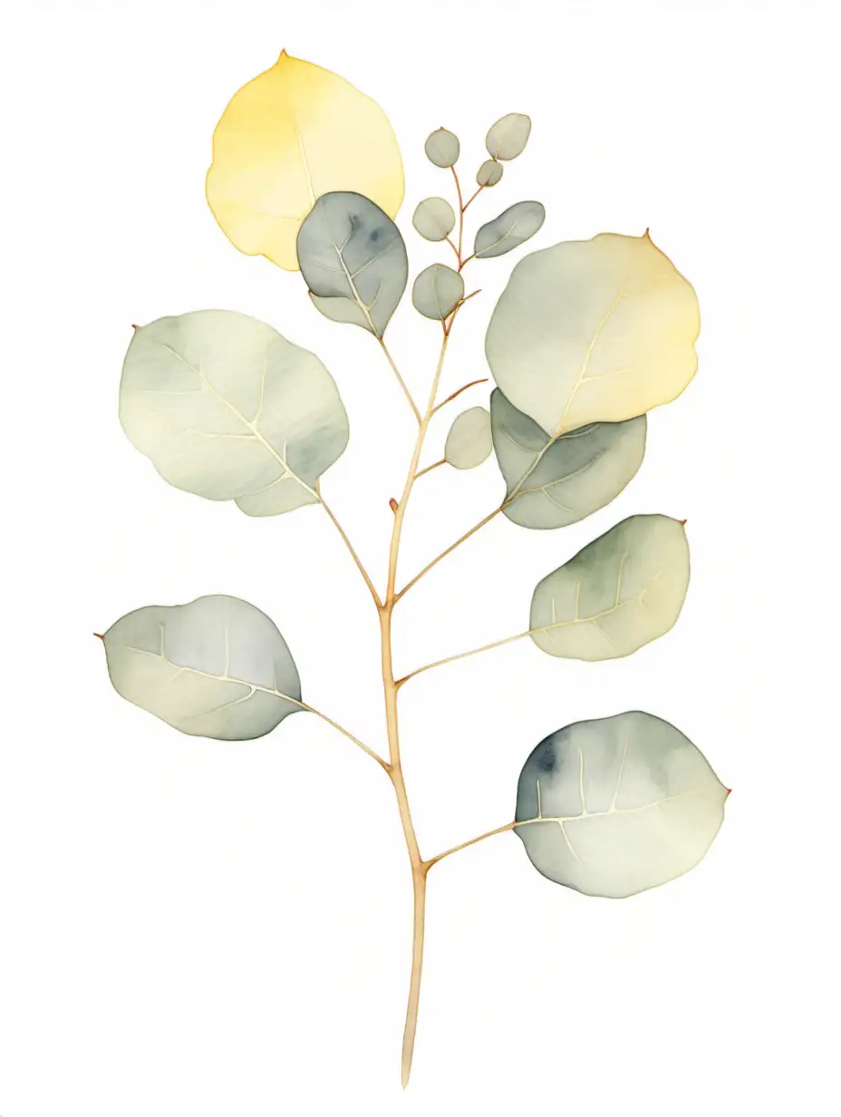 minimalistic watercolour painting of eucalyptus with round leaves in soft yellow hues