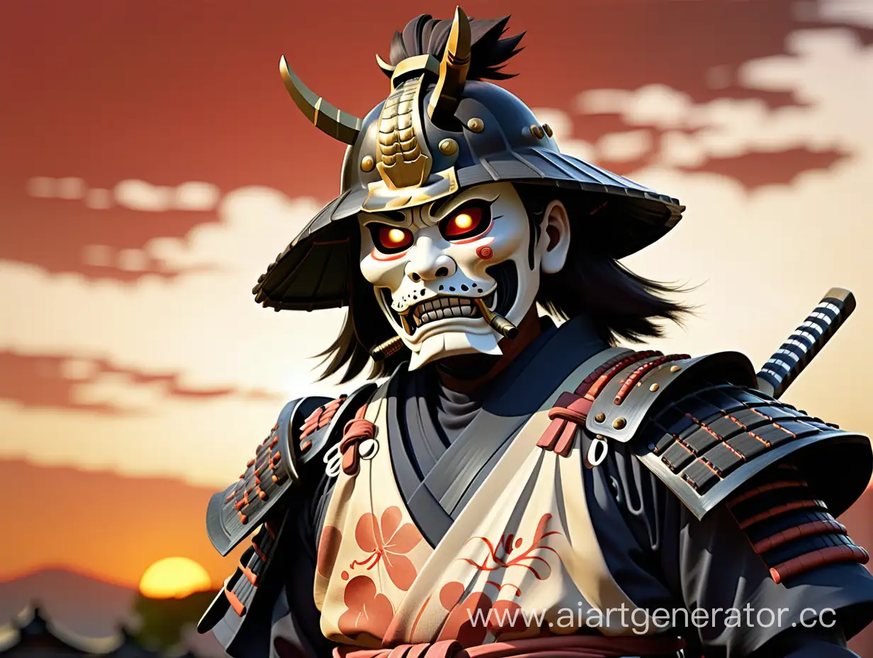 Самурай в экипировке в устрашающей маске на закате после боя в печали