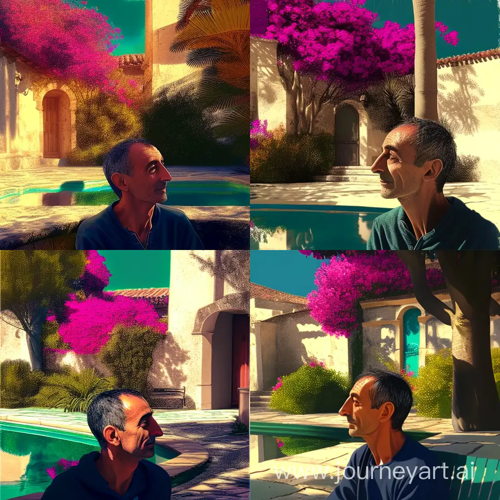 /imagine https://i.ibb.co/SvgKRb0/20230516-200939.jpg laying by the pool of a sunny backyard with green grass and bougainvillea trees in the style of post-impressionism.