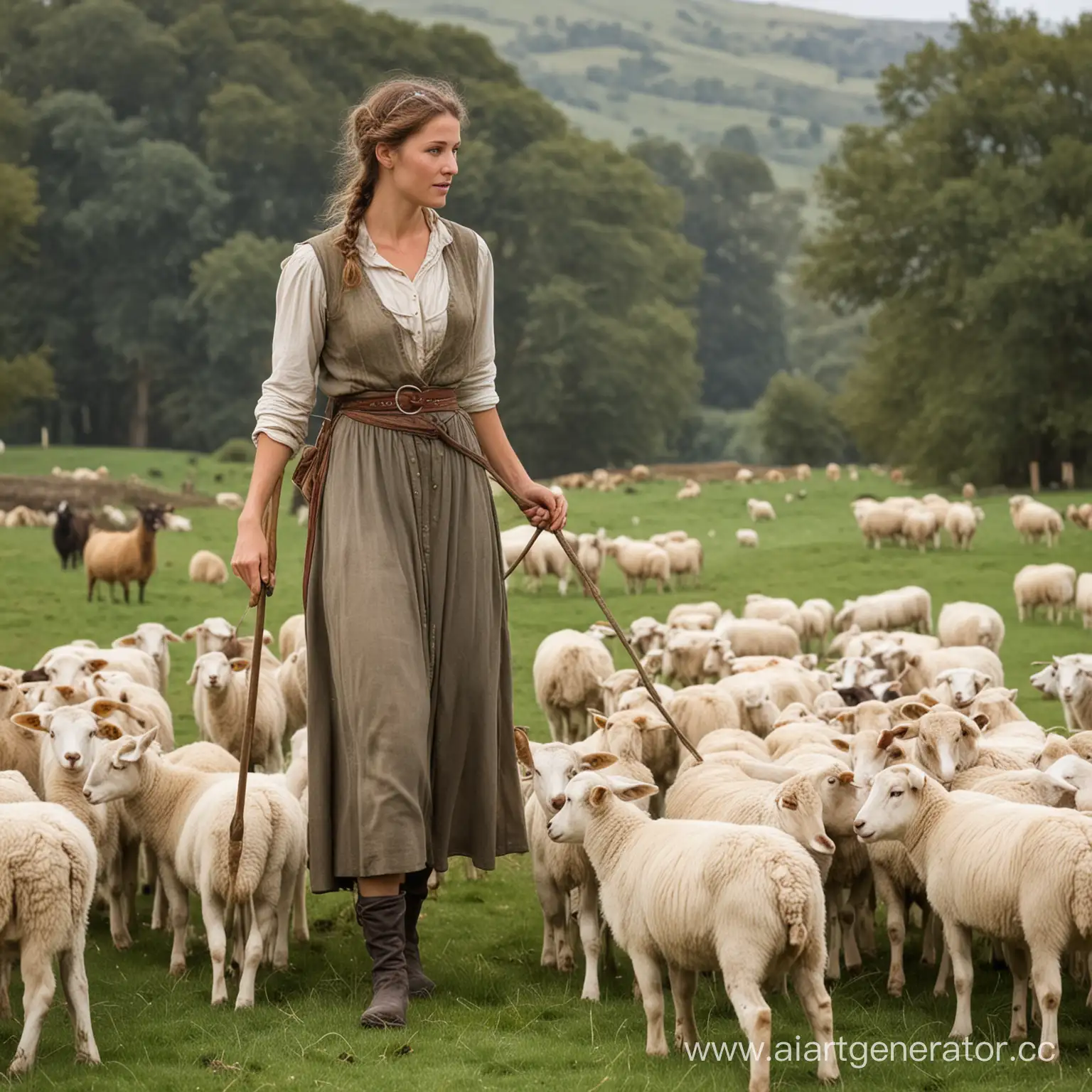 Serene-Shepherdess-with-Flock-of-Sheep-in-Countryside-Pasture