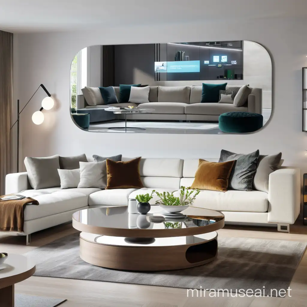 realistic modern living room, minimalist design elements, and cutting-edge technology, crafting an ambiance that feels futuristic and inviting, incorporating elements like smart lighting, integrated digital displays, and innovative furniture pieces. with big mirror. other design for tables and sofa
with reflection mirror
