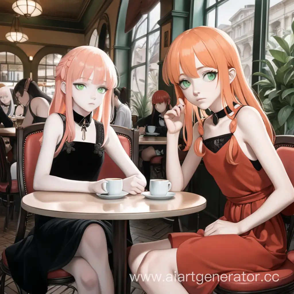 Аниме бледно-зеленоглазая девочка с волосами цвета персика в черном платье сидит на кресле в кафе рядом с девочкой-альбиносом с янтарными глазами в красном платье 