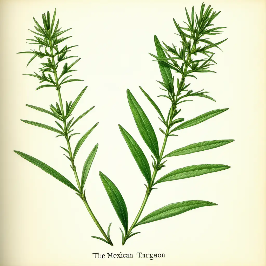 Vivid Botanical Illustration Mexican Tarragon Plant for Herb Book
