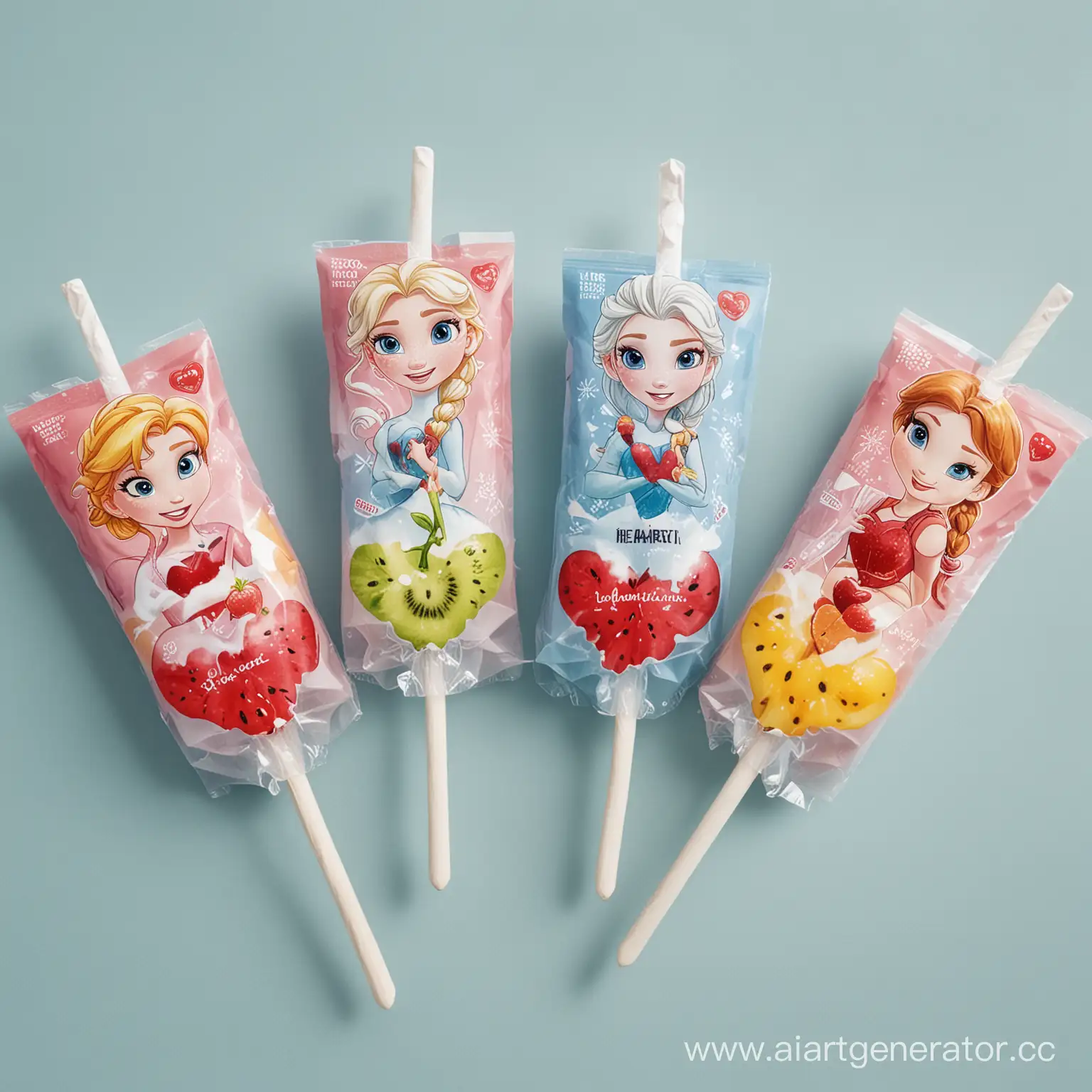 Summer packaging for Icy Heart brand of fruit ice on a stick with characters from the cartoon Frozen heart