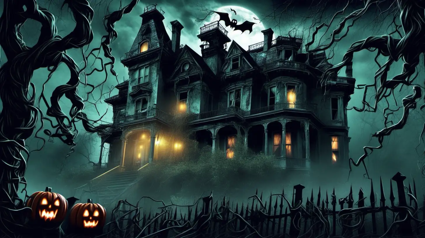 Craft a nightmarish scene of an abandoned mansion consumed by overgrown vines, with spectral apparitions and flickering candles, as a ghostly 'Trick or Treat' sign swings eerily in the wind.