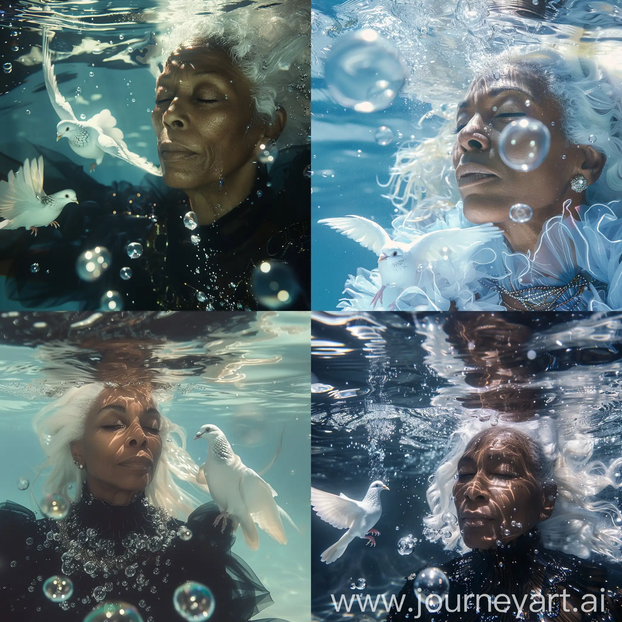 Serene-Elegance-Tranquil-Black-Woman-with-White-Hair-Submerged-Accompanied-by-an-Underwater-Dove