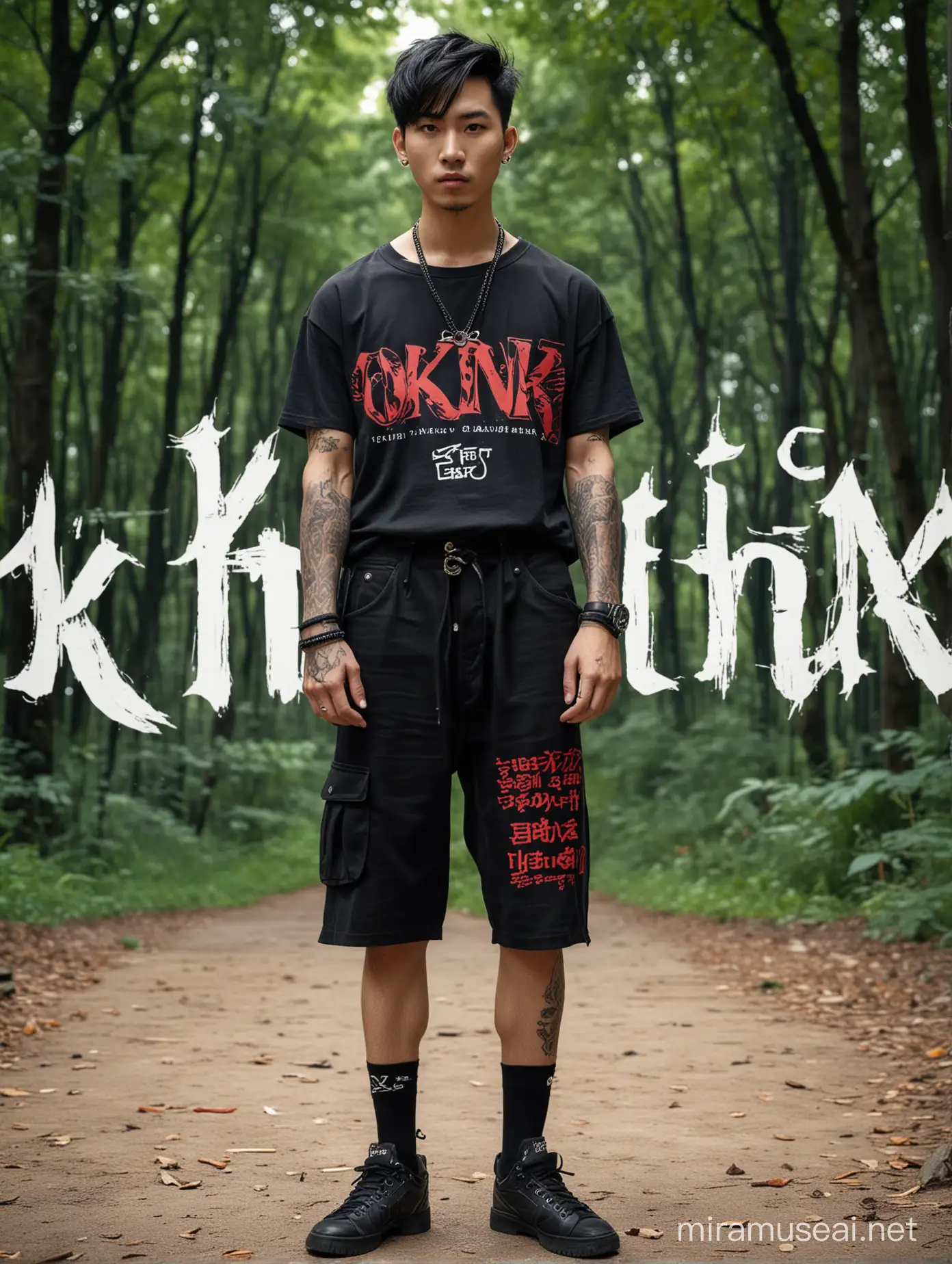 Handsome Asian Guy in Gothic Metallica Text Forest Portrait
