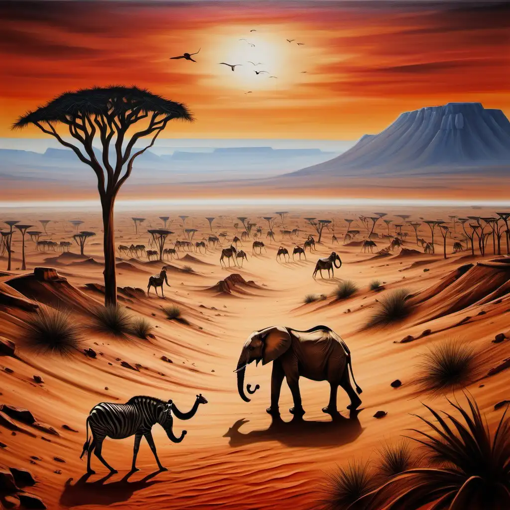 Painting of an african desert with wildlife