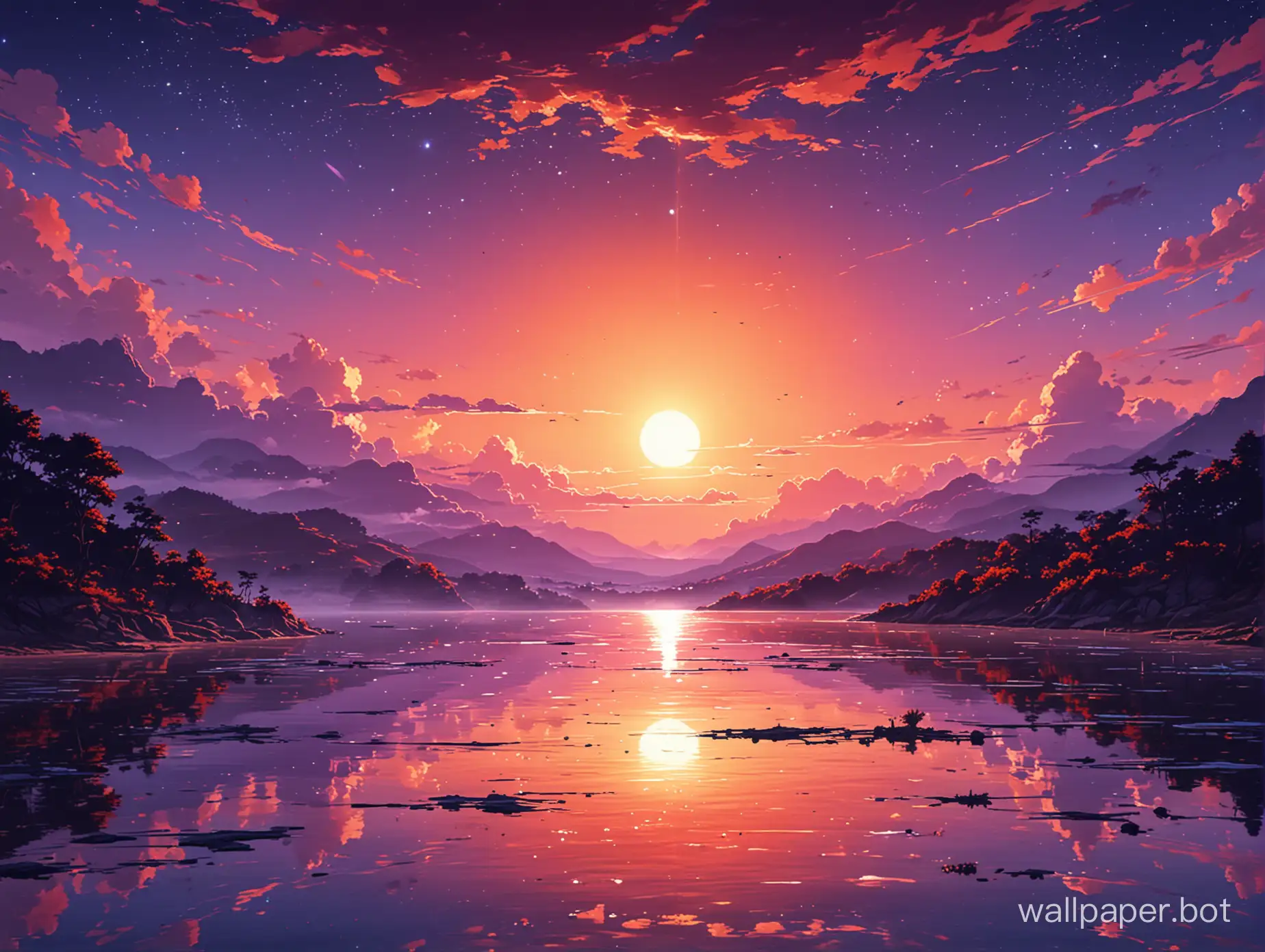make me an 1920x1080p wallpaper, anime style landscape, contrasting colours red orange blue purple, sun setting in the middle, beautiful water body, make the sky dark, stars in the sky