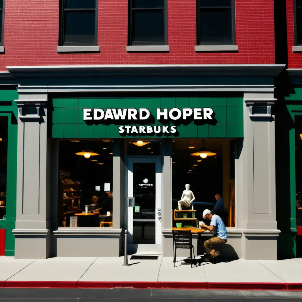 Edward Hopper style Starbucks storefront with one patron in window drinking coffee