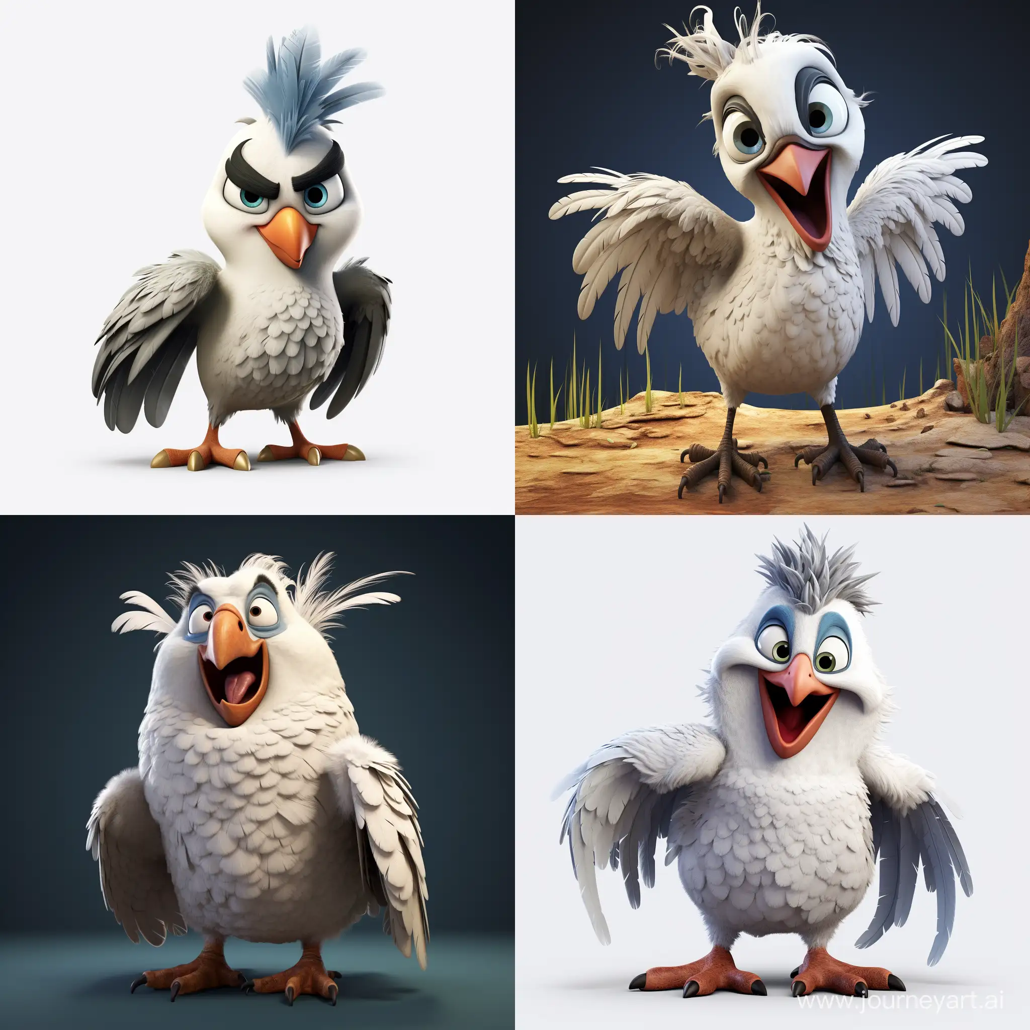 angry tousled white cockatoo parrot, He threatens with a wing like a fist, tousled feathers, stained with mud, burnt after a fire, looks suspiciously at the viewer, dynamic pose, whole body, 3d modern cartoon style, Maximum detail, disney style character, 3d rendered
