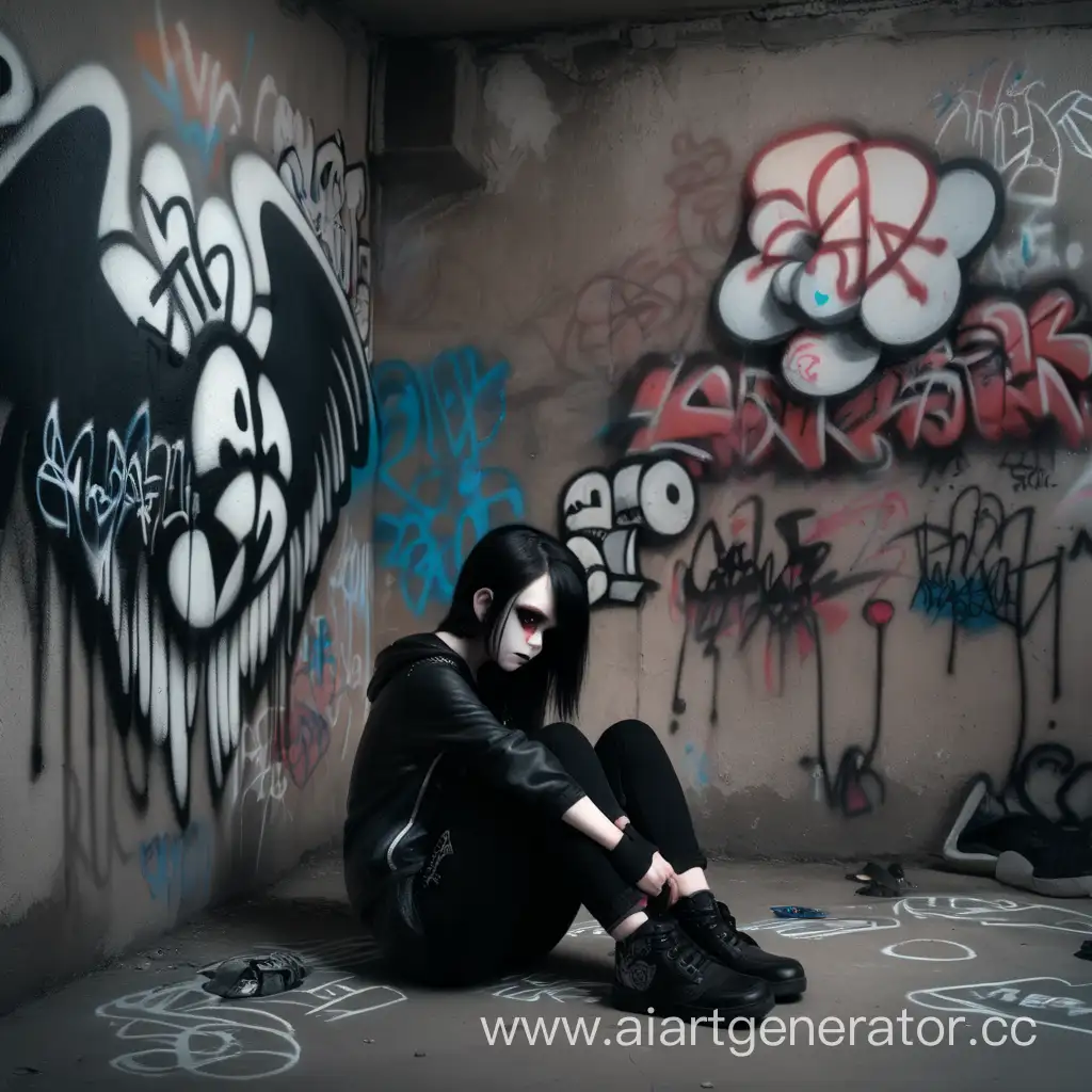 Goth-Girl-Sitting-Amidst-Graffiti-in-Desolate-Room