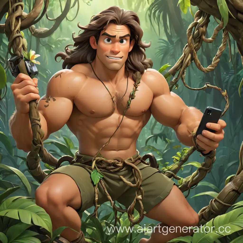 Cartoonish-Tarzan-Swings-on-a-Liana-with-a-Spring-Twist-Holding-a-Phone