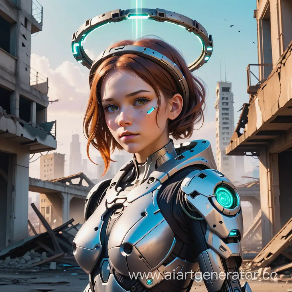 A cyborg girl with a halo over her head. It stands in a ruined and abandoned city