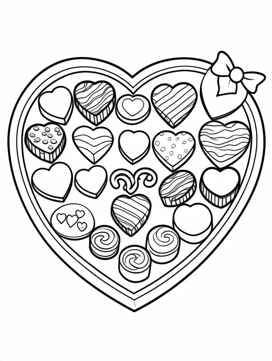 CHOCOLATES INSIDE OF A HEART BOX, Coloring Page, black and white, line art, white background, Simplicity, Ample White Space. The background of the coloring page is plain white to make it easy for young children to color within the lines. The outlines of all the subjects are easy to distinguish, making it simple for kids to color without too much difficulty