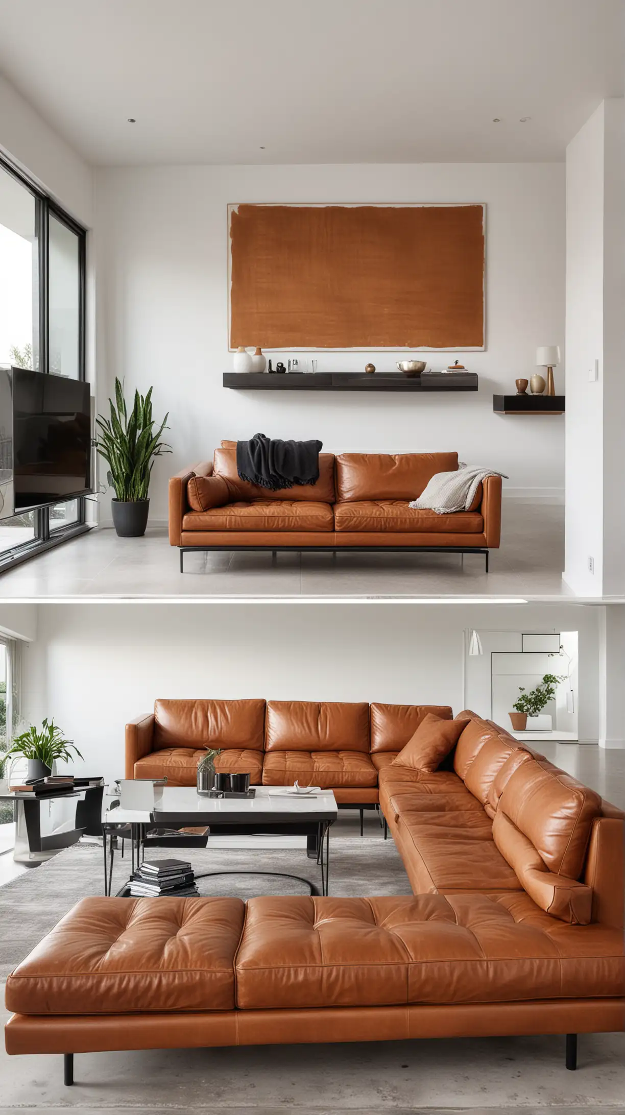 A modern minimalist living room featuring a cognac leather couch, white walls, sleek black furniture, metallic accents, and minimal decor. The room should look clean and airy, emphasizing open space and contemporary design.