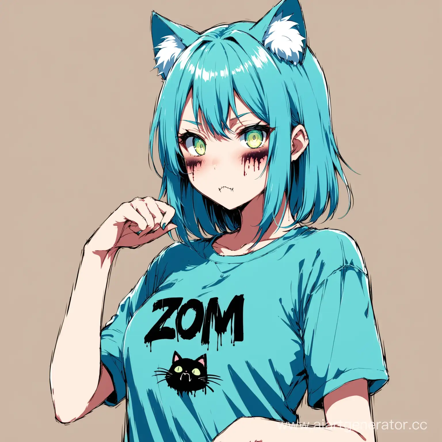 Аниме девушка с кошачьими ушками,голубыми волосами на майке у неё написано ZOM 
