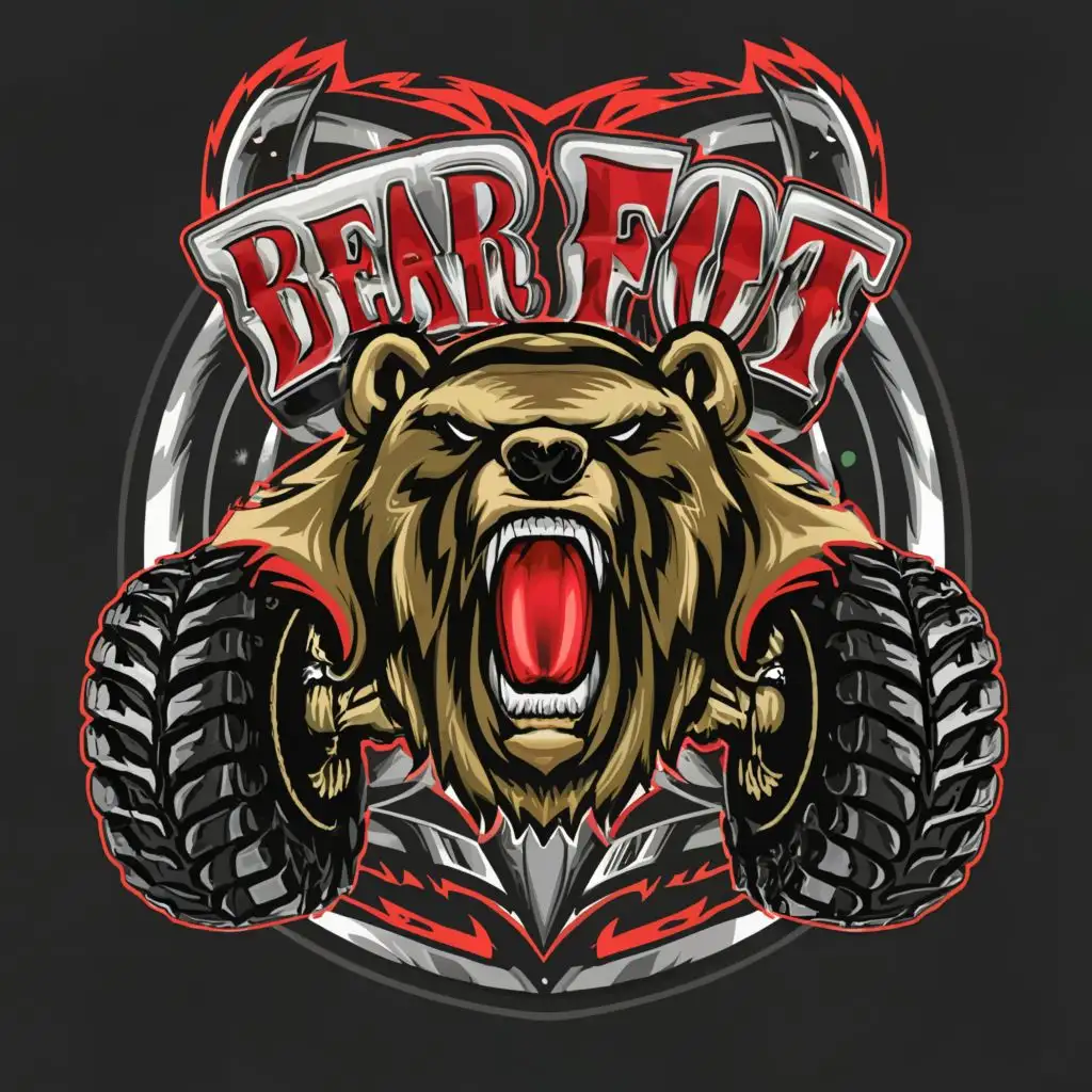 a logo design,with the text "BEAR FOOT", main symbol:monster truck with a bear logo in red,complex,be used in Entertainment industry,clear background